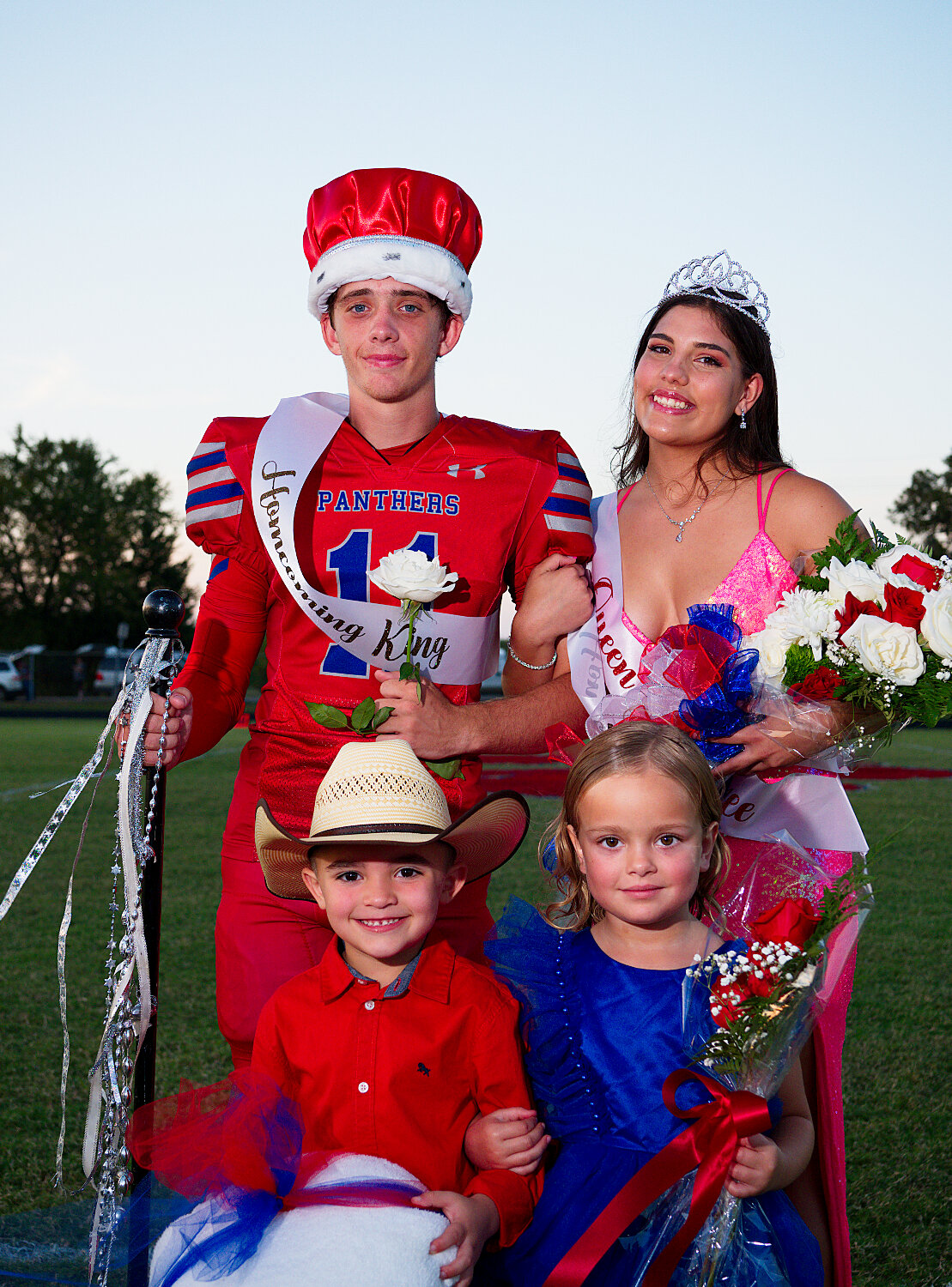 Alba-Golden's 2023 homecoming king Easton Campbell and queen Erin Langston pictured shortly after her coronation with attendants River Quintana and Charlotte Hays. [preview plenty of panther pictures]